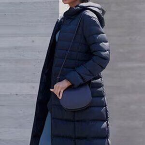UNIQLO PACKABLE ULTRA LIGHT DOWN PUFFER JACKET REMOVABLE HOOD LONG NAVY BLUE XXS